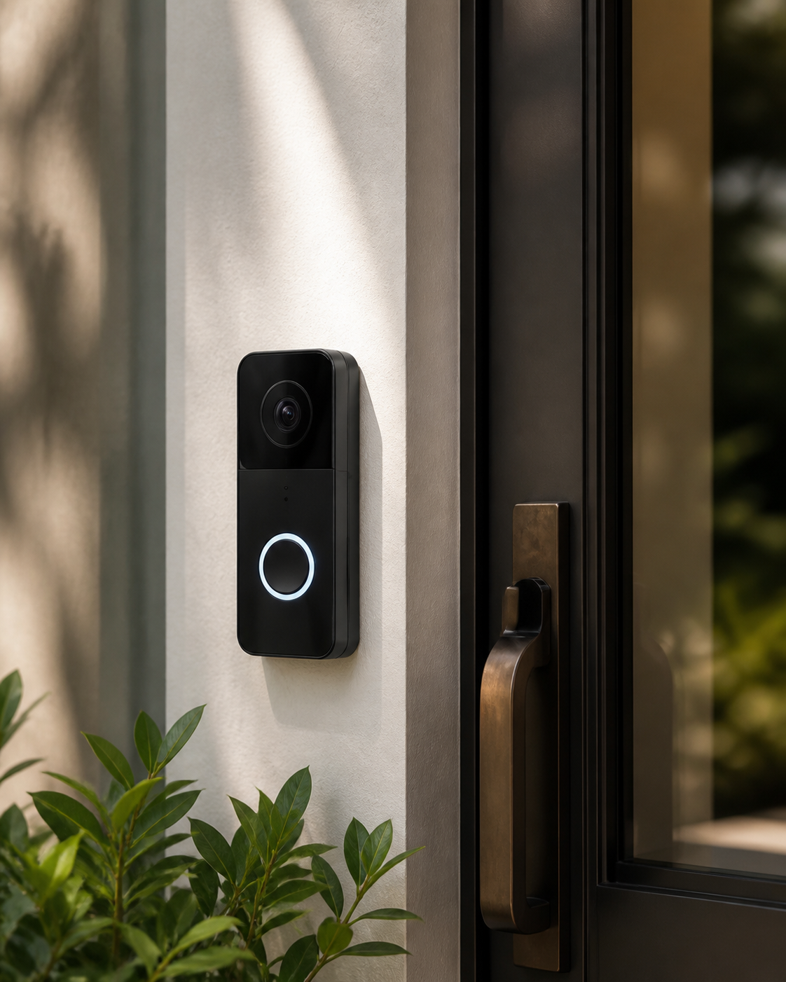 Smart video doorbell beside a modern front door