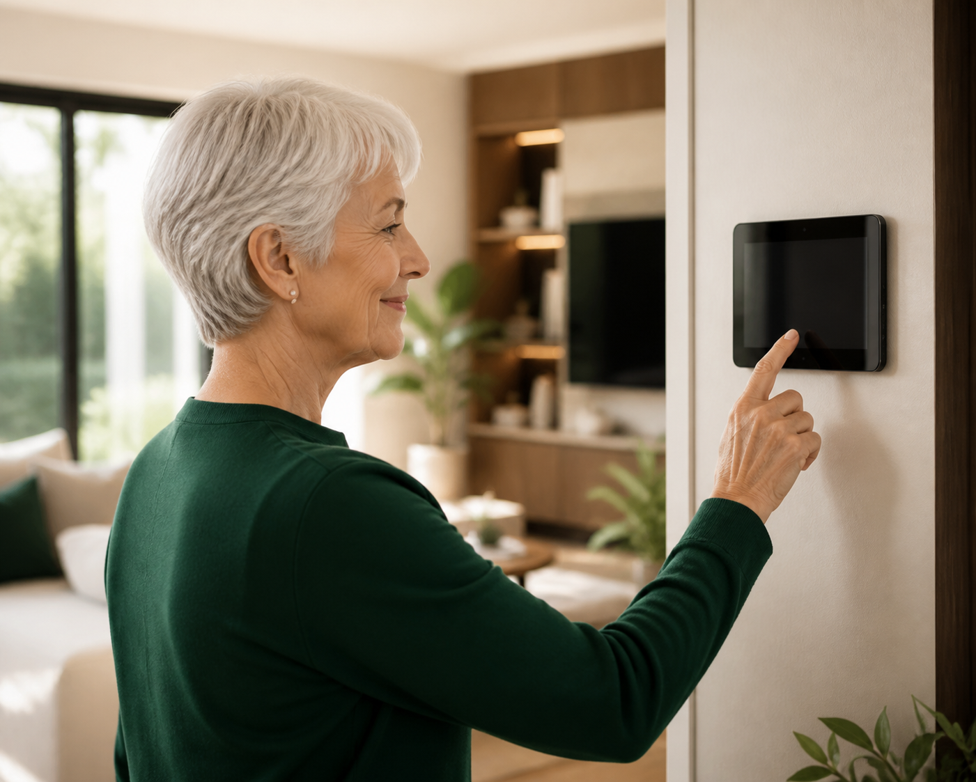 Older homeowner comfortably using a simple smart-home control
