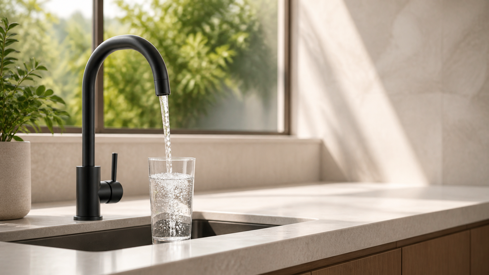 Clear drinking water filling a glass at a kitchen sink
